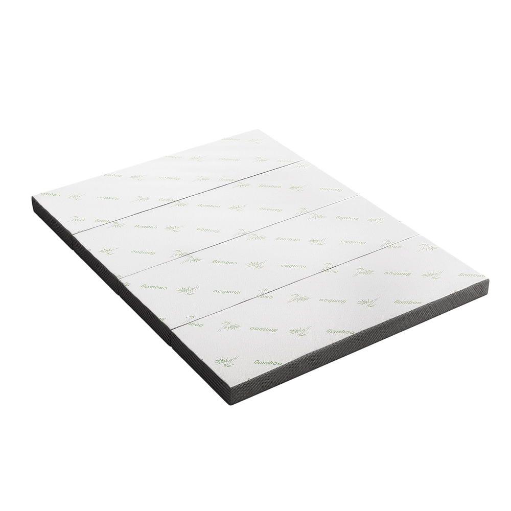 Foldable queen mattress with white top and dark gray border, single panel view