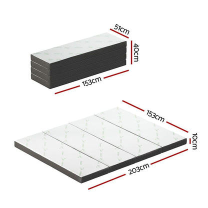 Foldable queen mattress showing stacked thickness and overall dimensions