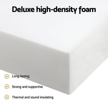 High-density foam mattress with white cover and visible dark side wall