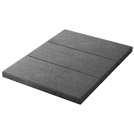 Grey folding foam mattress, quilted three-panel design