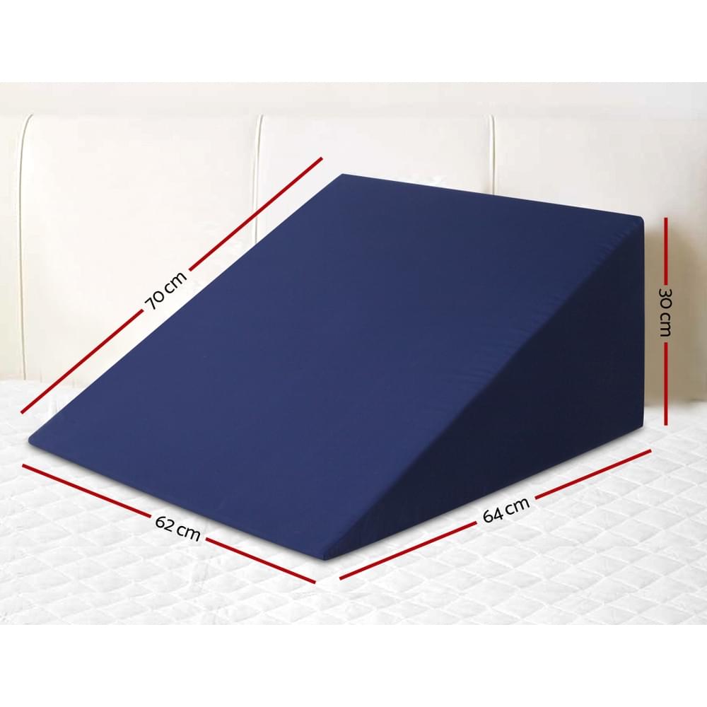 Blue wedge pillow with size markings: 70cm, 62cm, 64cm, and 15cm height
