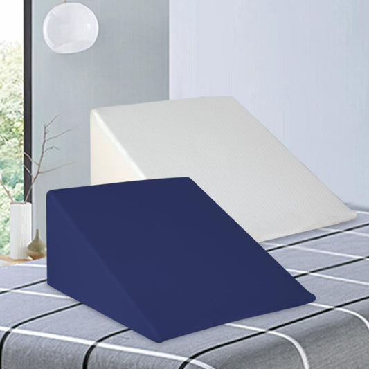 Blue wedge pillow for bedding, folded cover on a bed surface