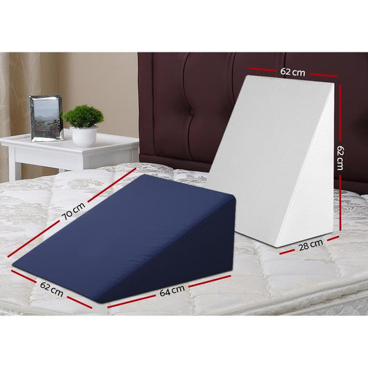 Blue wedge pillow with white standing insert, shown with size markers