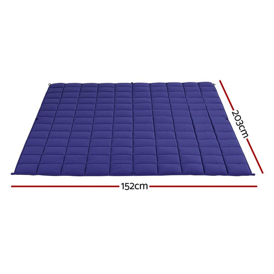 Blue weighted blanket flat, 152 x 203 cm, quilted channel stitching