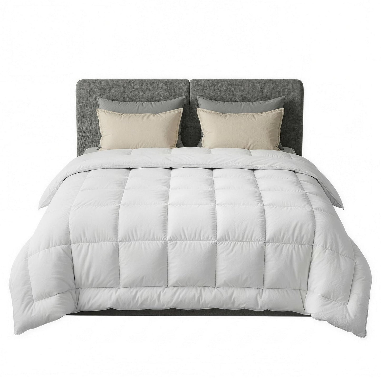 White wool quilt with box baffle pattern and stitched channels across the top