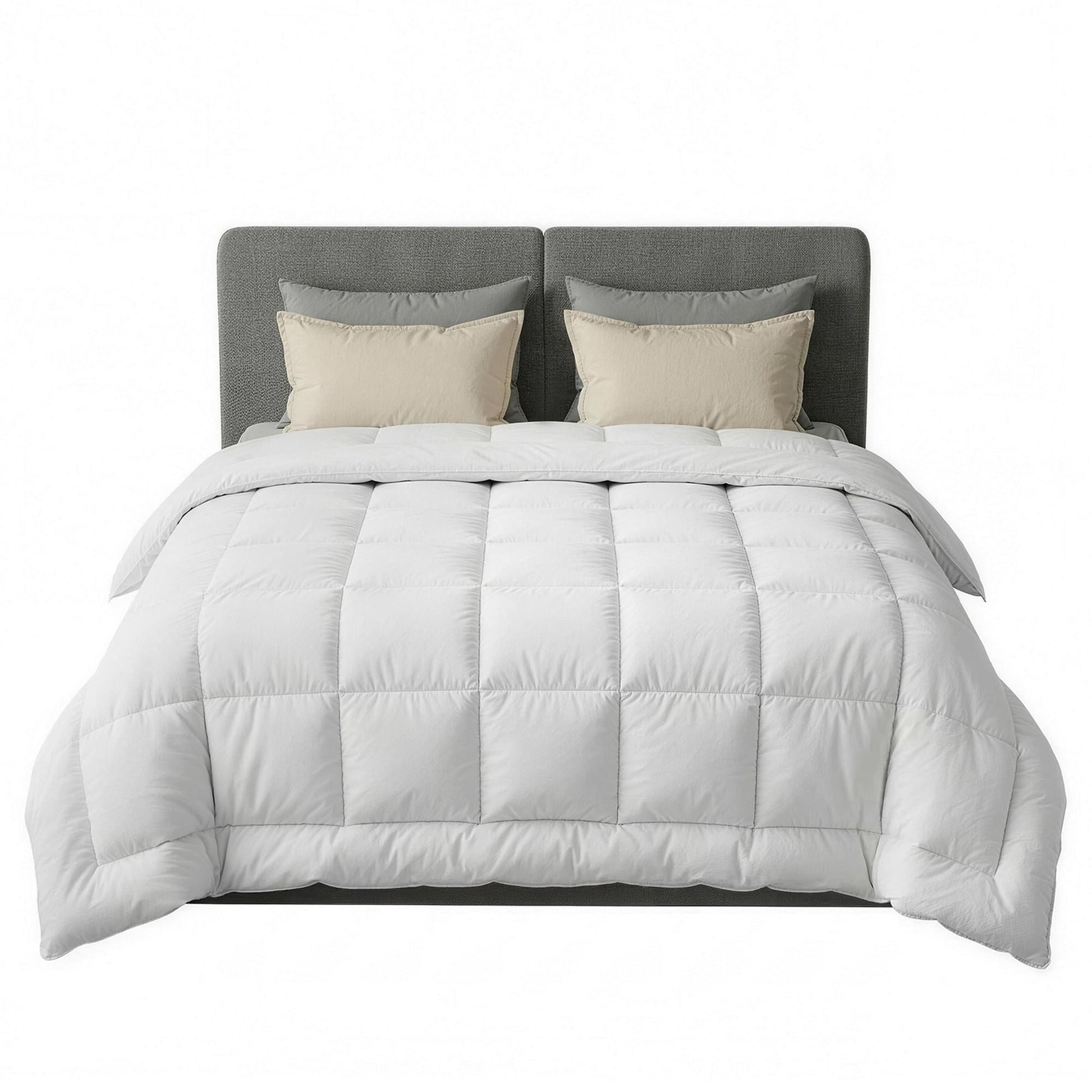 White wool quilt with box baffle pattern and stitched channels across the top