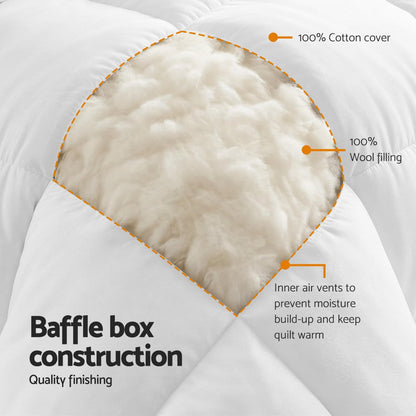 White baffle box wool quilt corner detail with stitched edges and airflow channels