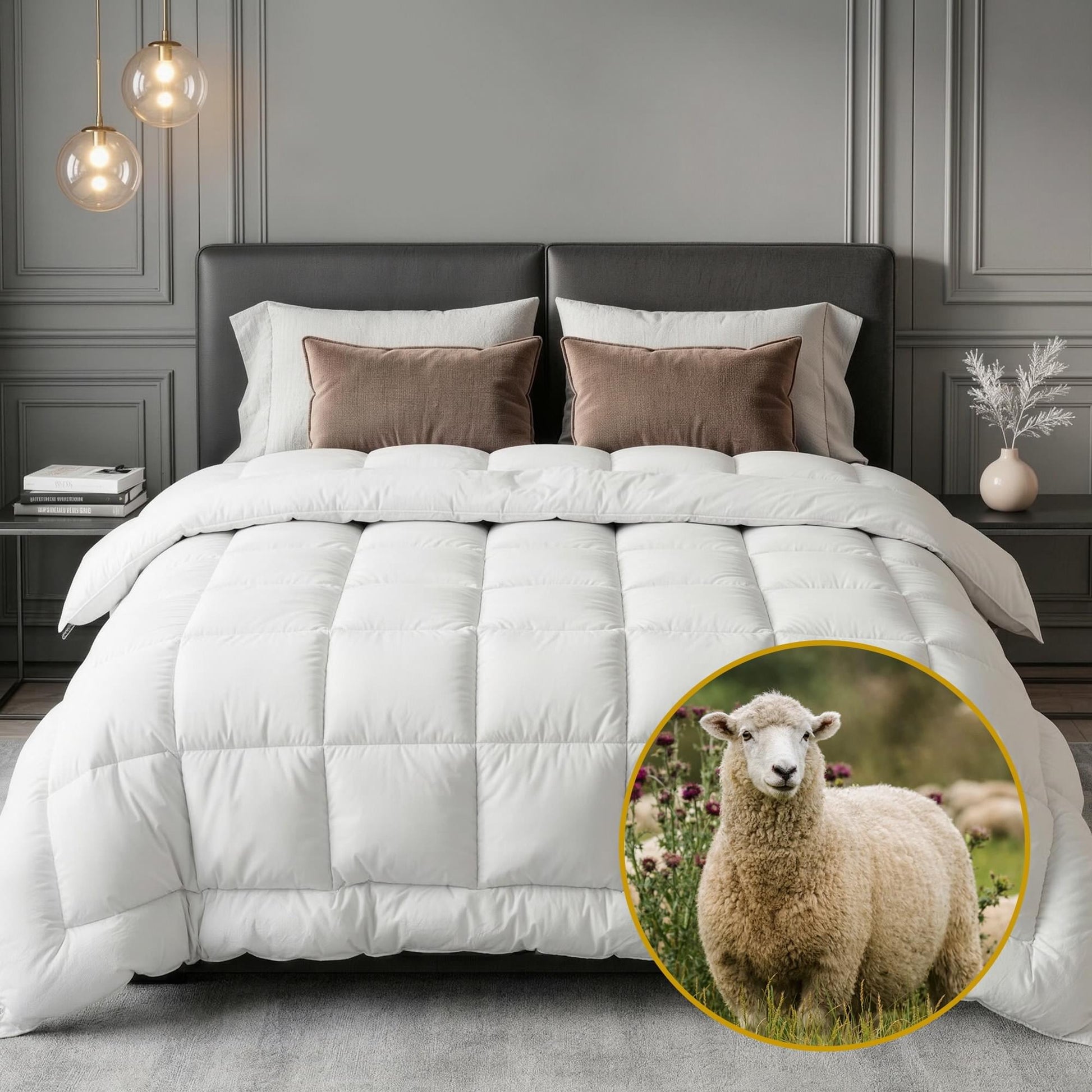 Giselle wool quilt doona, white baffle-box comforter with quilted channels