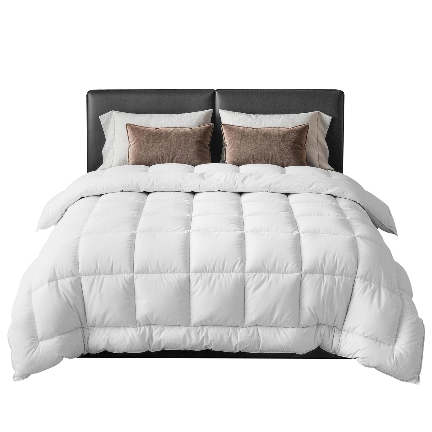 Giselle wool quilt doona, white baffle-box duvet with grid quilting