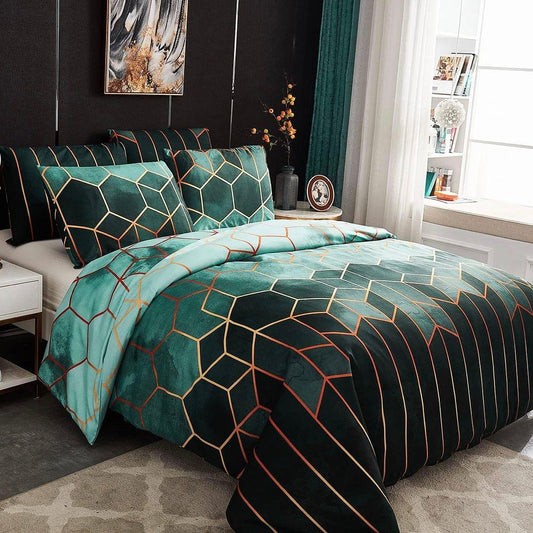 King quilt cover set with teal top and dark geometric linework, with two pillow shams