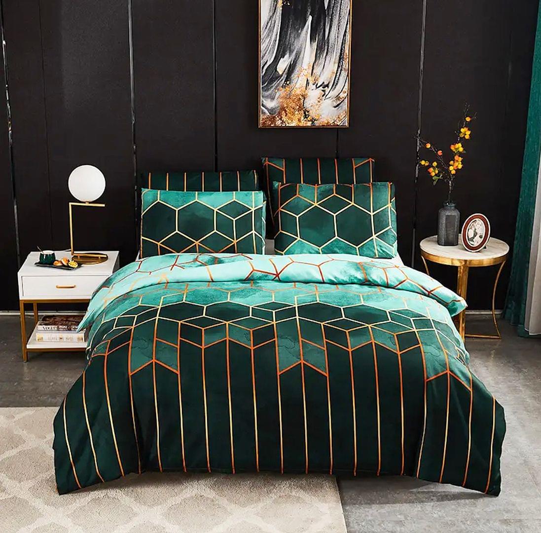 Queen quilt cover set with teal and dark green hexagon pattern, yellow piping
