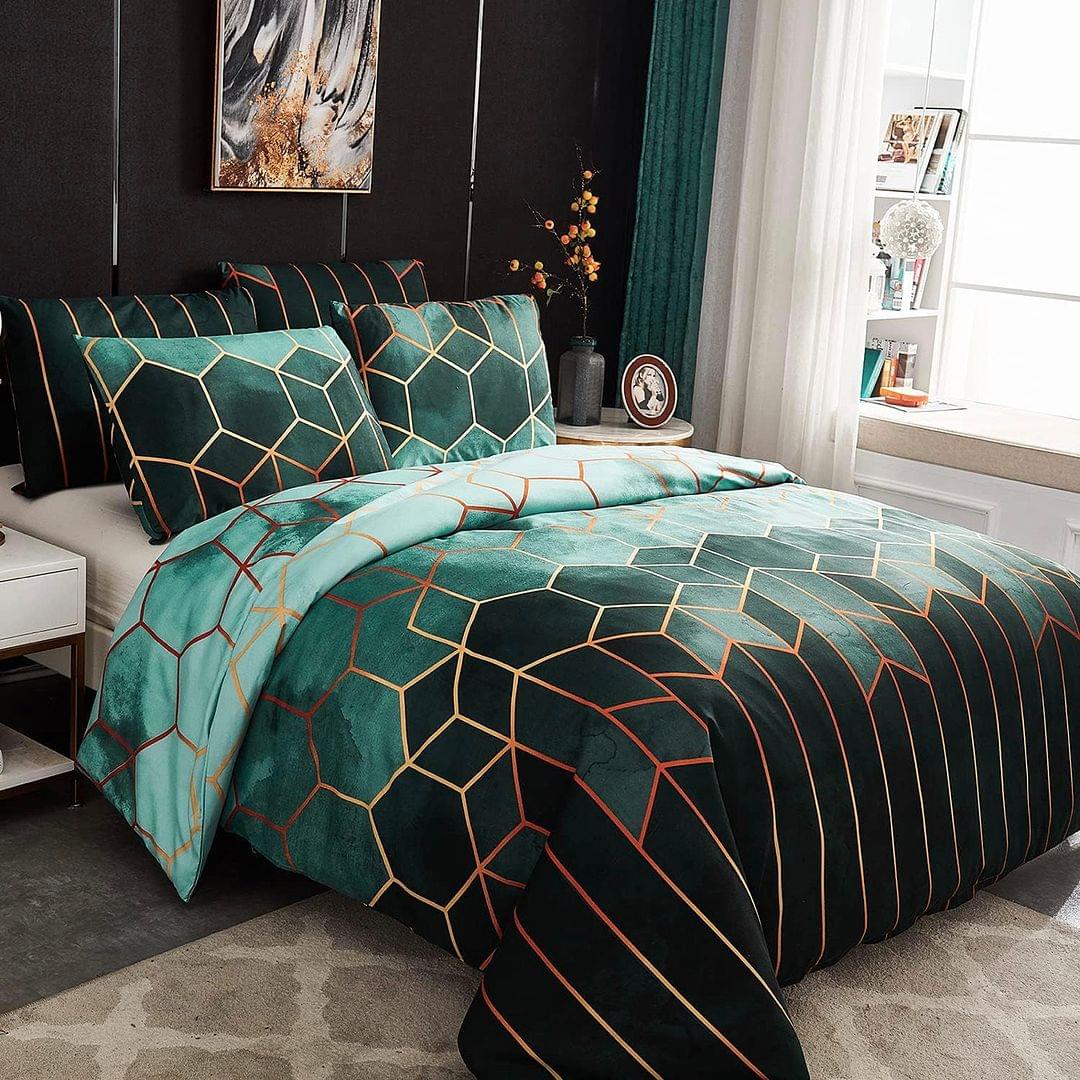 Queen quilt cover set with teal top panel and dark green geometric lines, yellow accents
