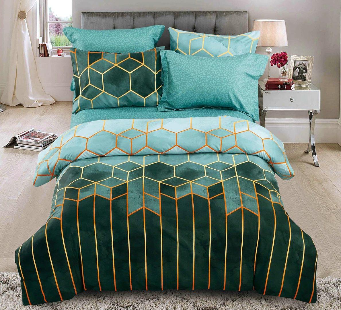 Queen quilt cover set with teal pillows and dark green honeycomb design, yellow piping