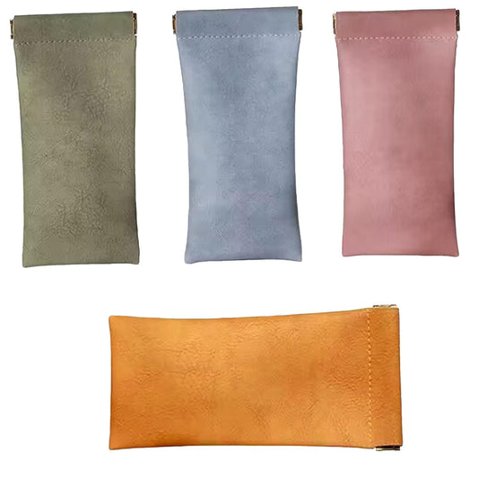 Soft eyeglass cases, vertical stitched pouches in olive, light blue, and pink