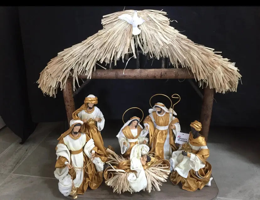 🎄 Gold Christmas Nativity Set in Driftwood Stable – 50cm Approx Handmade Holy Family Scene, Religious Christian Christmas Home Decor & Holiday Gift ✨