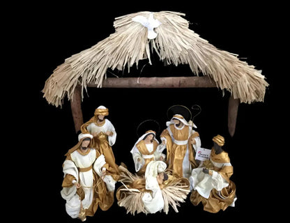 🎄 Gold Christmas Nativity Set in Driftwood Stable – 50cm Approx Handmade Holy Family Scene, Religious Christian Christmas Home Decor & Holiday Gift ✨