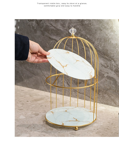 Gold and Black Elegant 2-Tier Gold Birdcage Cosmetic Organizer - Wrought Iron Countertop Storage Rack for Skincare, Makeup & Jewelry