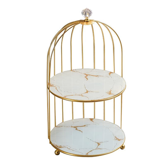 Two-tier birdcage cosmetic organizer with gold frame and white marble round trays