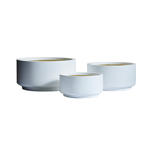 Round plant pot set with three light gray and white planters