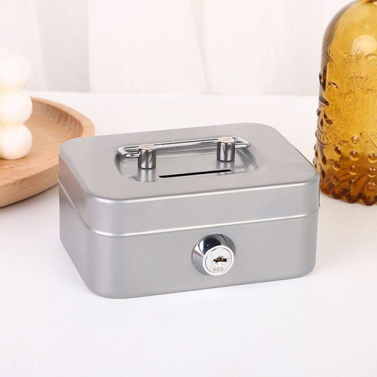 Gray lockable metal cash box with key lock and coin slot on front