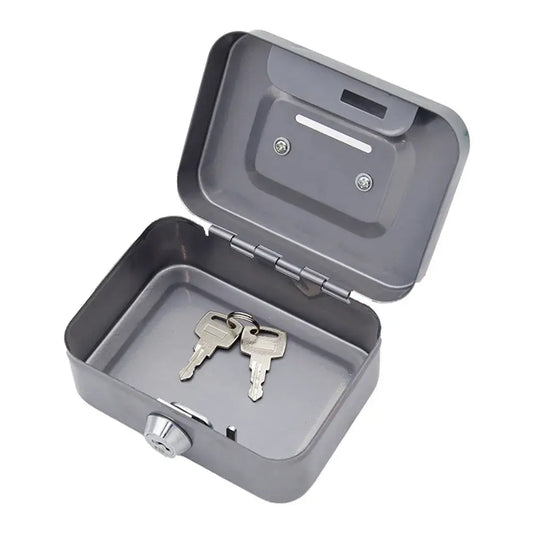 Gray lockable metal cash box open, showing keys and coin-slot divider in lid