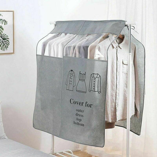 Gray dustproof clothing cover with hanging ties and clothing icon print, 90x110 cm