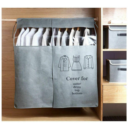 Gray dustproof clothing cover for garments, open with two front panels and icon design