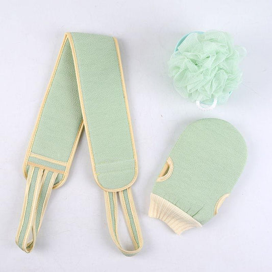 Green exfoliating bath set: long-handle back scrubber, exfoliating glove, loofah