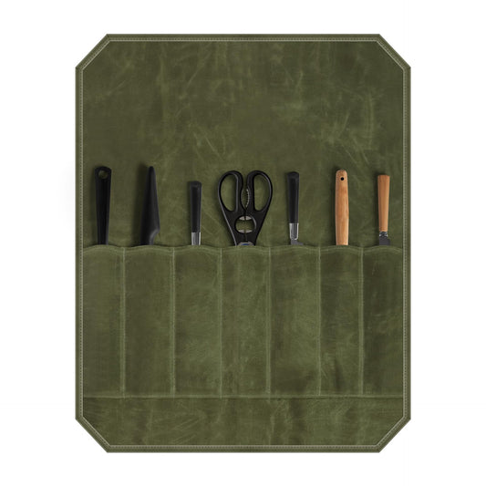 Green waxed canvas knife roll bag with padded slots for utensils, open view