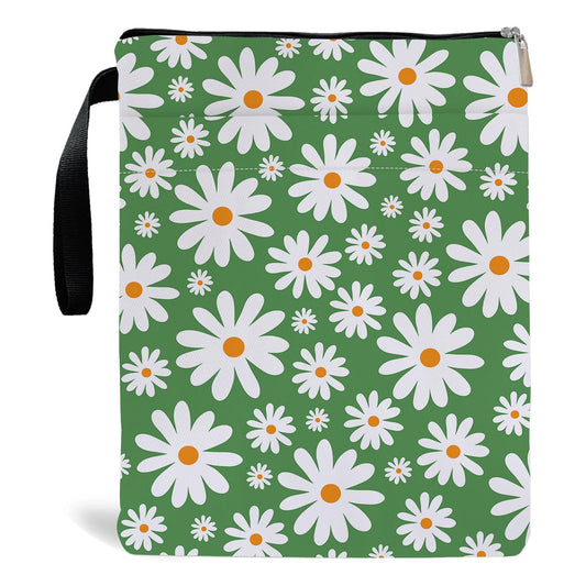 Green floral book cover with zippered top and black carrying strap