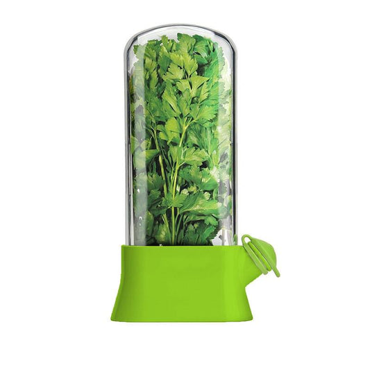 Fresh herb keeper with clear dome and green base holding fresh green herbs