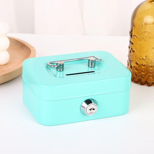 Teal lockable metal cash box with coin slot and round keyed lock