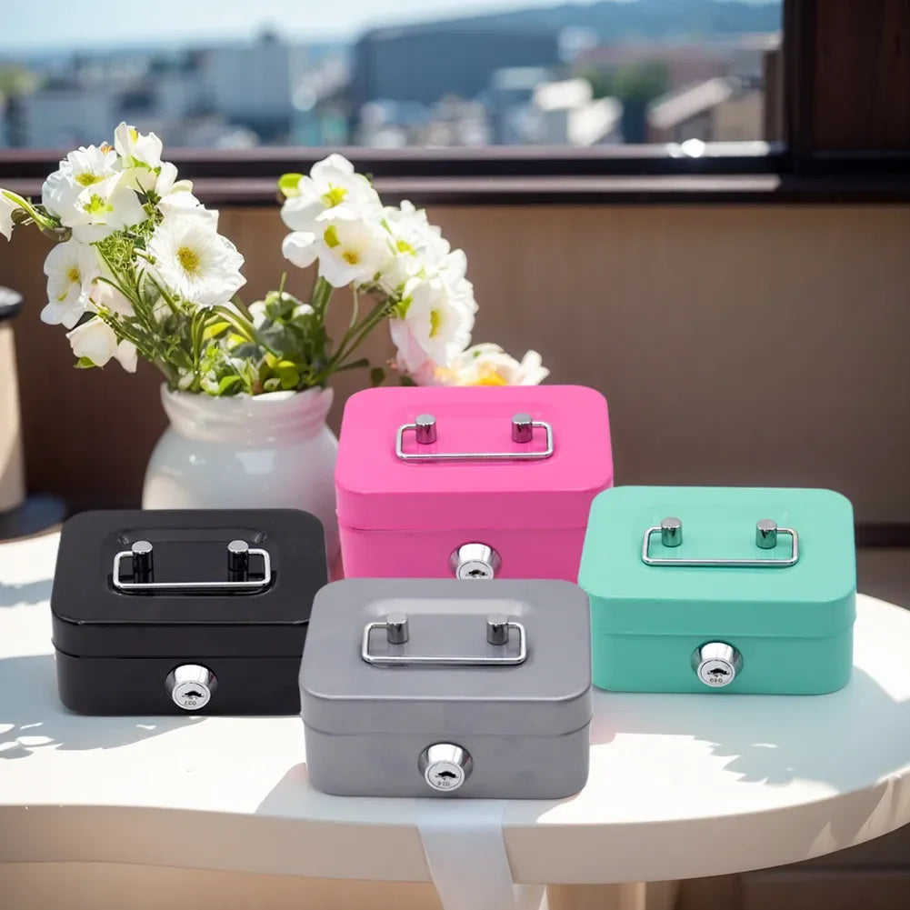 Green Lockable Metal Cash Box with Coin Slot Portable Money Storage Box Small Savings Bank Key Lock Cash Holder Organiser for Coins Notes Home Office Use 115x85x58mm