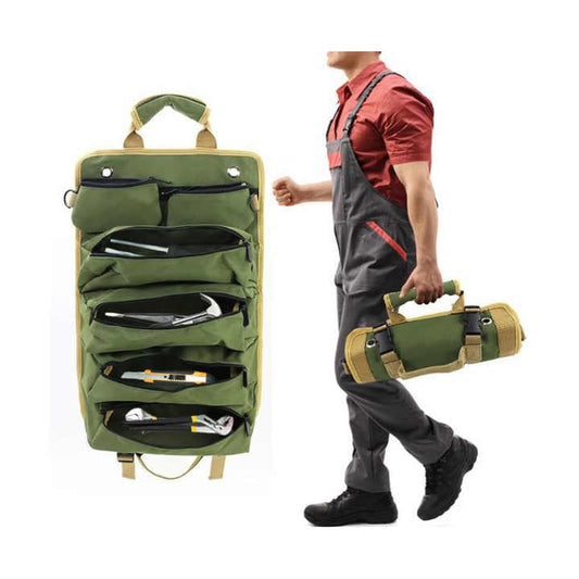Green roll-up tool organizer with handle and zippered front pockets