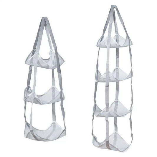Grey hanging mesh storage bag set with three-tier pockets and hanging loops