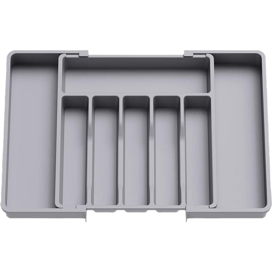 Gray retractable cutlery tray insert with vertical divider slots and side rails