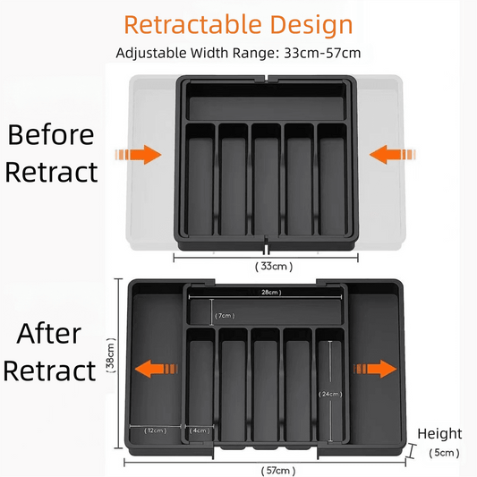 Retractable cutlery tray with adjustable width, dark insert and divider slots (open)