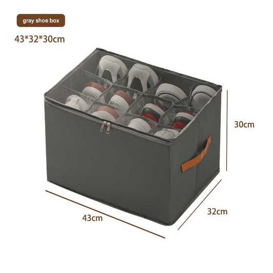 Grey foldable fabric shoe storage box with open top and multiple divided compartments
