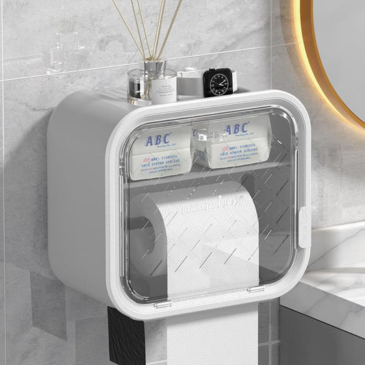 Wall-mounted tissue box dispenser with clear front window and paper storage