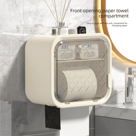 Wall-mounted tissue box dispenser with open front window and paper towel compartment