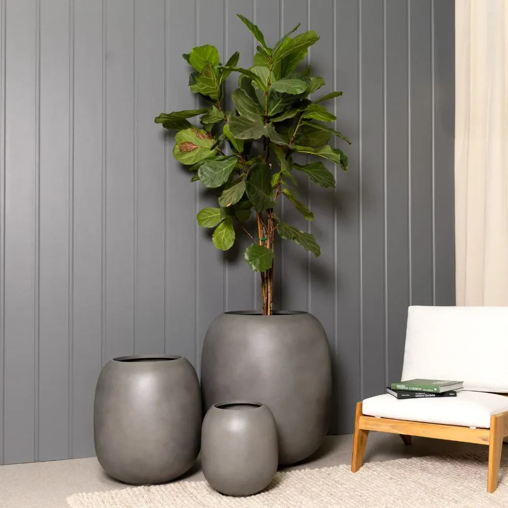 Matte dark grey ceramic vase set of three with open tops for flowers