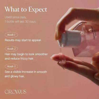 Hair oil dropper pouring liquid from translucent bottle with white cap