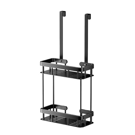 Two-tier hanging shower caddy with two open shelves and side hooks, black metal