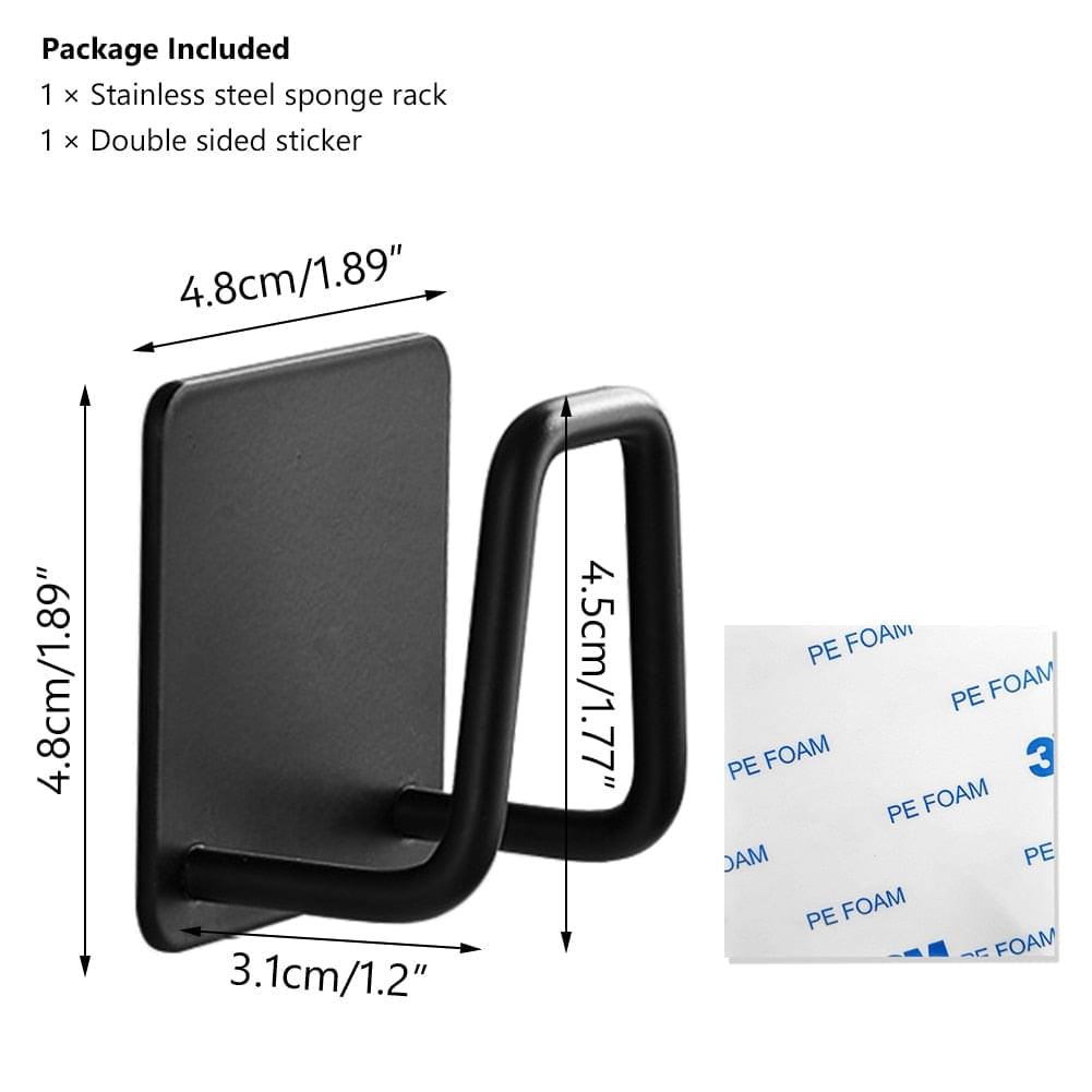 Black stainless steel sponge rack with double hook and mounting dimensions