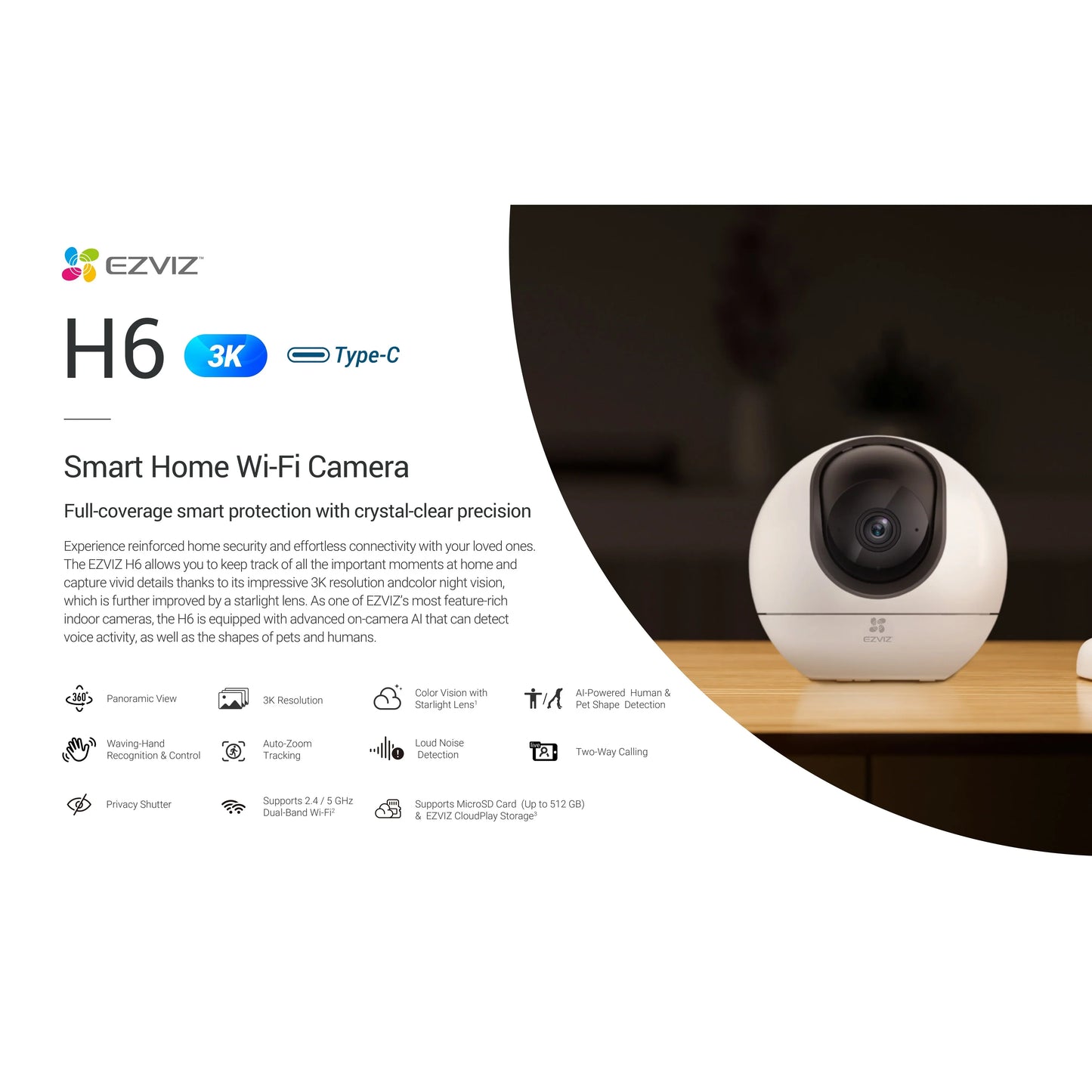 EZVIZ H6 Smart Home Wi-Fi Camera – Full-Coverage Security with Crystal-Clear 3K Resolution Indoor Camera