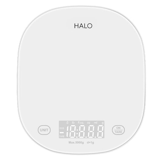 HALO app kitchen scale, white round platform with digital display and tare/units buttons