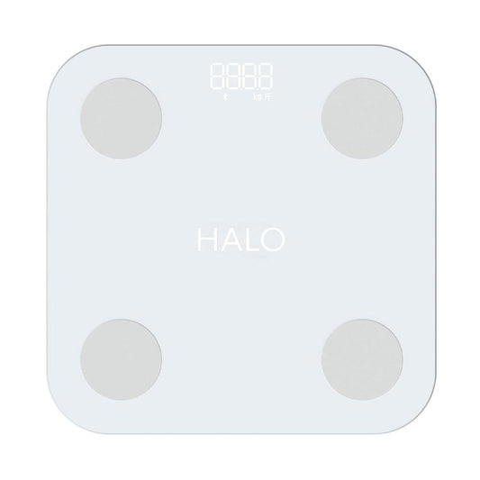 HALO Bluetooth smart body scale with light gray top and HALO logo sensor circles