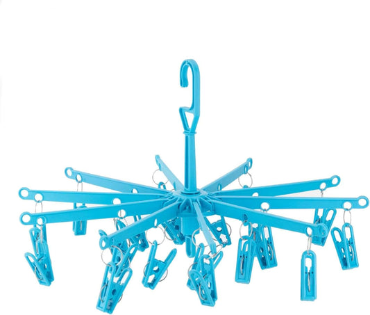 Blue rotating clip drying rack with many spread arms and clothespins