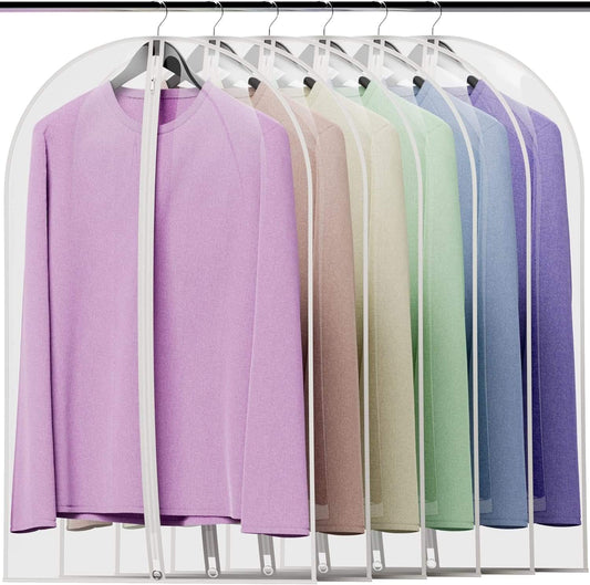 Clear suit garment cover bag with white trim, hanging purple coat on hanger