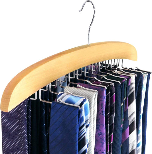 Wooden tie organizer hanger with chrome hooks holding folded neckties